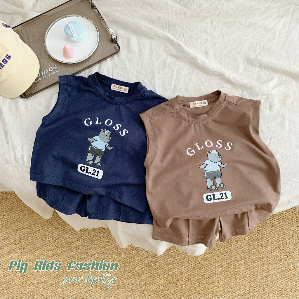 Set bộ cotton sát nách in gấu gloss Pig Kid cho bé