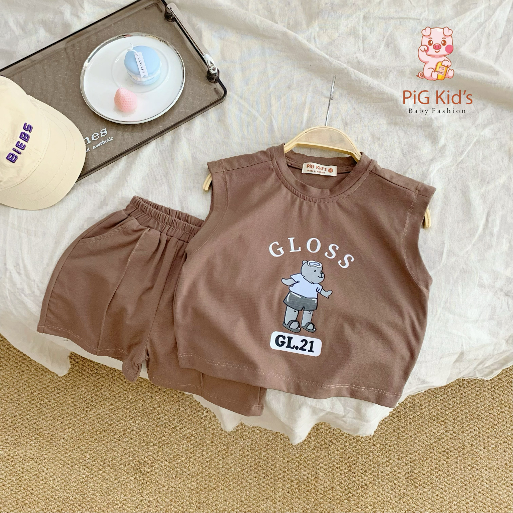 Set bộ cotton sát nách in gấu gloss Pig Kid cho bé