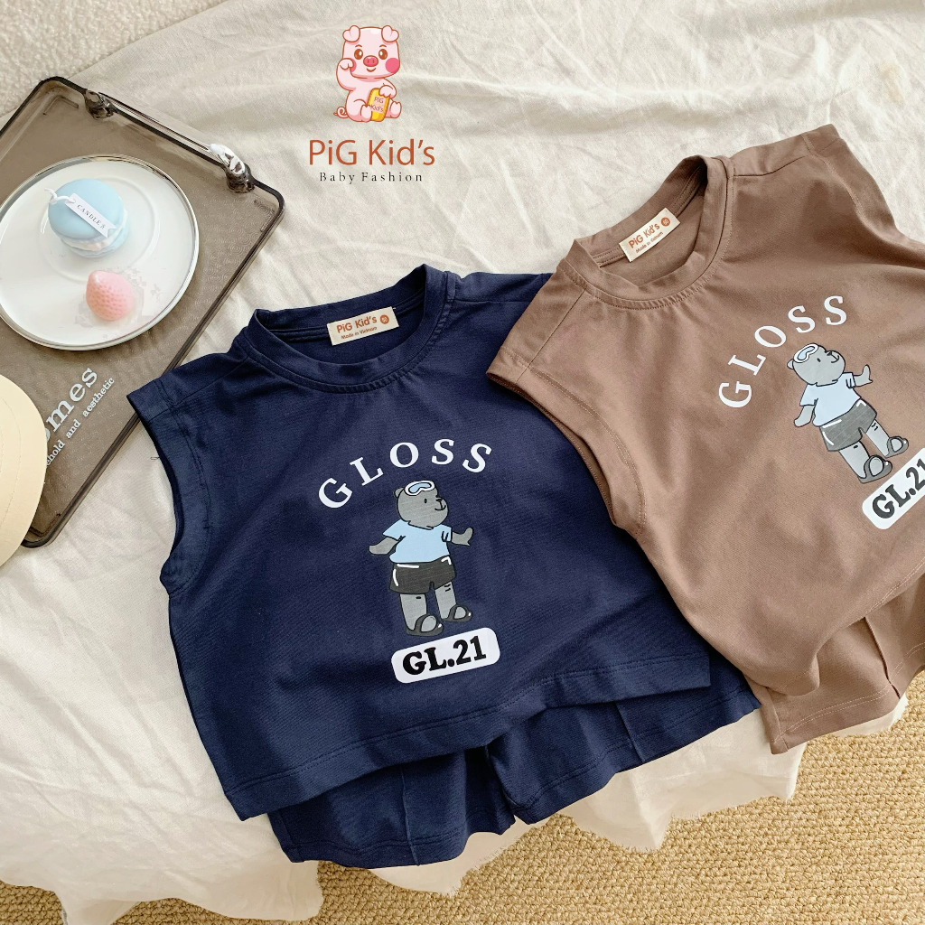 Set bộ cotton sát nách in gấu gloss Pig Kid cho bé