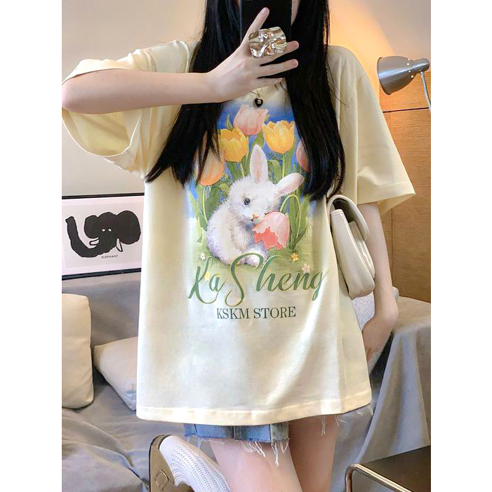 Áo thun tay lỡ RABBIT Priority Kem, Áo phông Unisex nam nữ Cotton 2 chiều oversize form rộng THE LOCAL BRAND