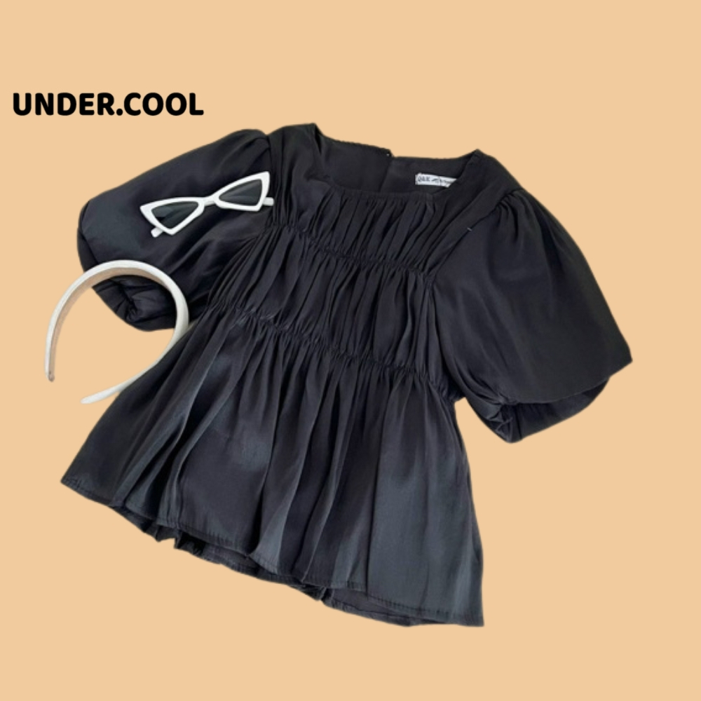 Áo babydoll lụa voan tay phồng UNDERCOOL cổ tròn màu, Áo kiểu tiểu thư bèo nhún