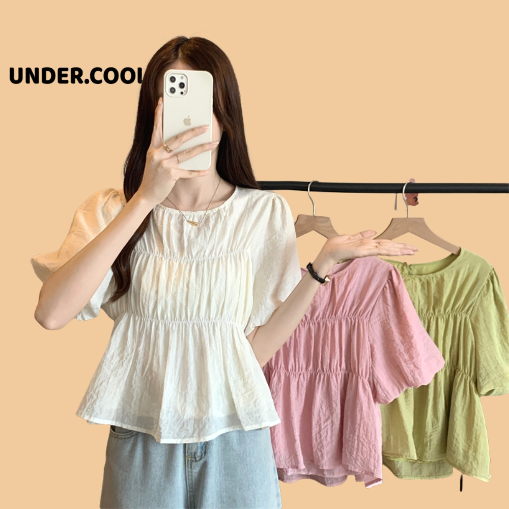 Áo babydoll lụa voan tay phồng UNDERCOOL cổ tròn màu, Áo kiểu tiểu thư bèo nhún