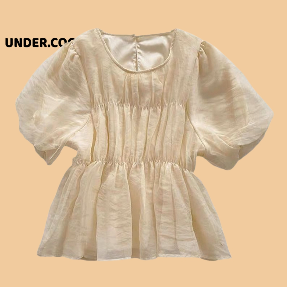 Áo babydoll lụa voan tay phồng UNDERCOOL cổ tròn màu, Áo kiểu tiểu thư bèo nhún