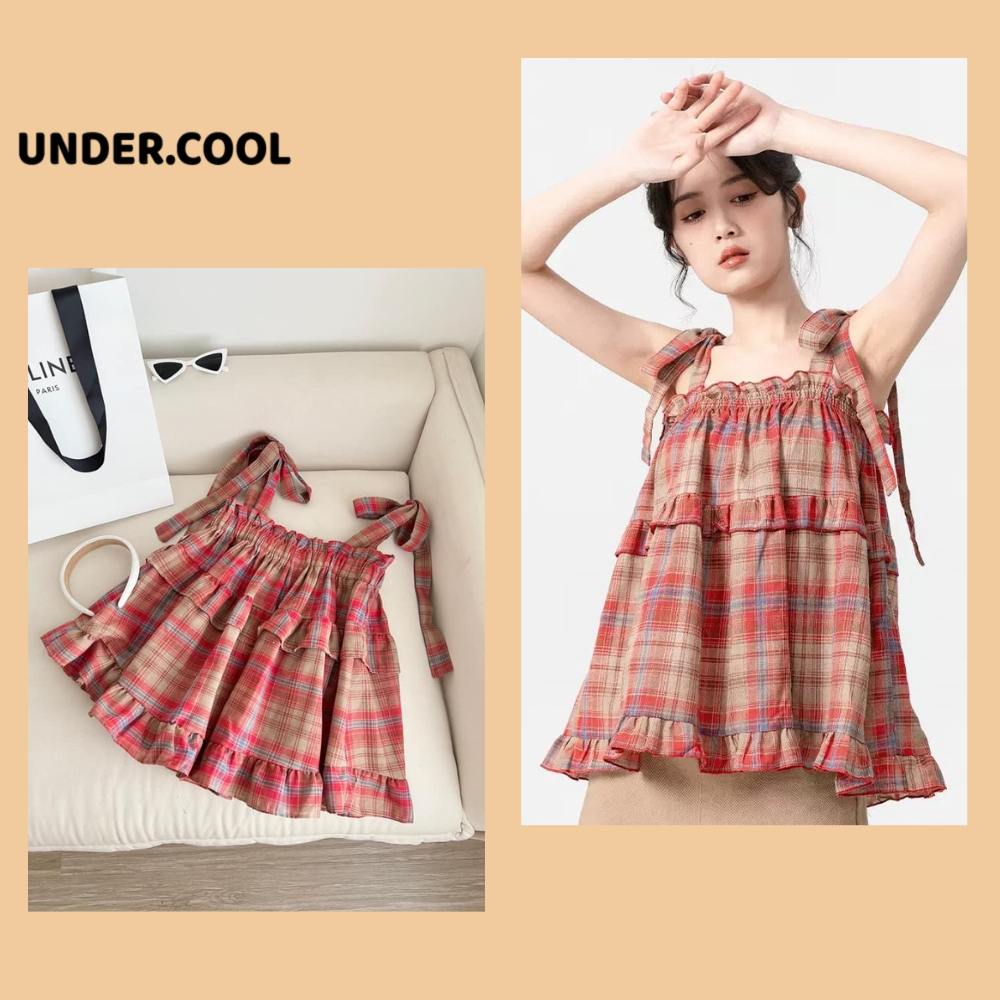 Áo Hai Dây Babydoll Kẻ Caro Đỏ UNDERCOOL Có Dây Buộc, Áo Kiểu Nữ Dáng Babydoll