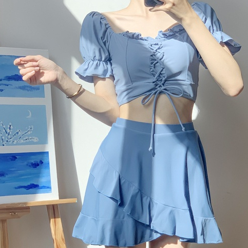 Bikini INFLACHI nữ 2 mảnh đi biển kín đáo dạng váy che khuyết điểm lưng cao áo dây rút tay bồng tôn da 82276 D7T3