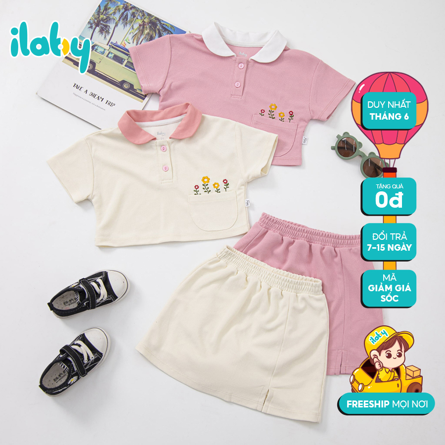 Set Polo bé gái ILABY áo crotop phối cổ kèm chân váy xẻ có lót chất liệu tổ ong co dãn thấm hút mồ hôi [50IG1492C3DL]