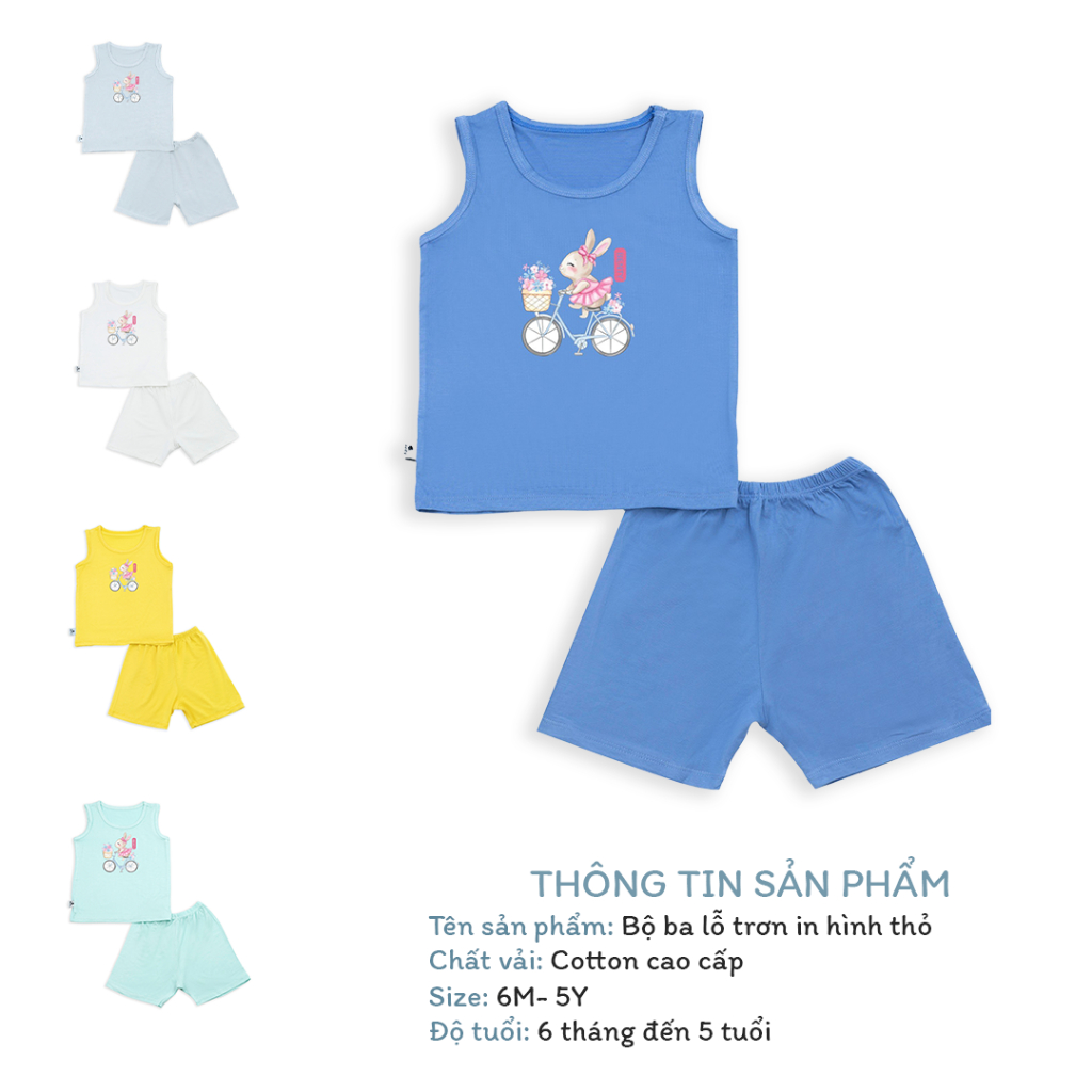 Bộ ba lỗ cotton cao cấp thấm hút mồ hôi in hình thỏ BENTY BT014, quần áo trẻ em bé trai, bé gái