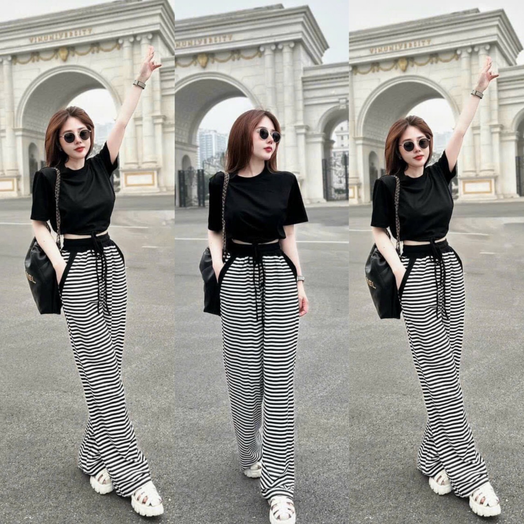 Set bộ nữ áo croptop quần ống rộng dài sọc ngang áo thun cổ tròn đồ co giản siêu xinh thời trang nữ đi chơi,đi biển