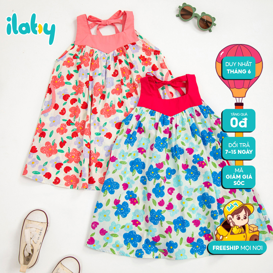 Váy họa tiết bé gái ILABY cổ vuông sát nách phối màu chất liệu thô hoa mềm mại cho bé 2-11 tuổi [10IG1623C3FT]