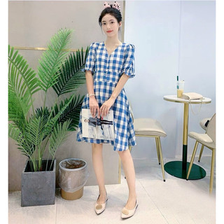 Đầm caro cổ V nút bọc 2 màu (kèm hình thật)