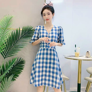 Đầm caro cổ V nút bọc 2 màu (kèm hình thật)