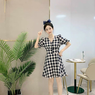 Đầm caro cổ V nút bọc 2 màu (kèm hình thật)