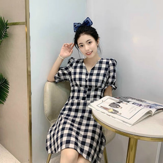 Đầm caro cổ V nút bọc 2 màu (kèm hình thật)