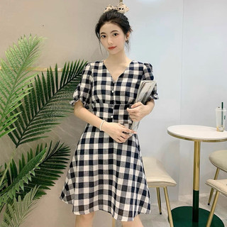 Đầm caro cổ V nút bọc 2 màu (kèm hình thật)
