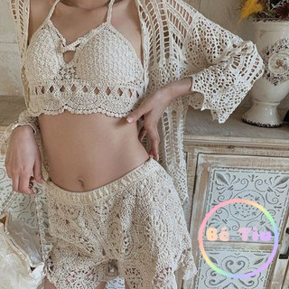 Set Bikini Đồ Bơi Nữ Tắm Biển Đan Móc Len Họa Tiết Ren 3 Món Tách Rời Có Bán Lẻ Kín Đáo Loại 1 Mùa Hè 2023 (13)