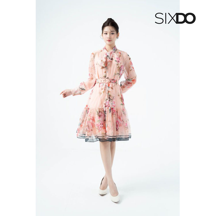 Đầm hoa voan mini đuôi cá kèm đai thời trang SIXDO (Orangish-pink Rose Midi Voile Dress)