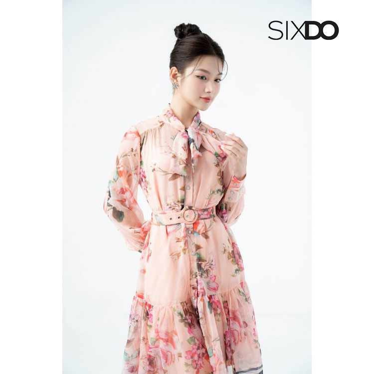 Đầm hoa voan mini đuôi cá kèm đai thời trang SIXDO (Orangish-pink Rose Midi Voile Dress)