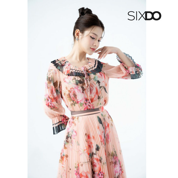 Chân váy hoa xếp ly midi SIXDO (Orangish-pink Rose Pleated Midi Voile Skirt)