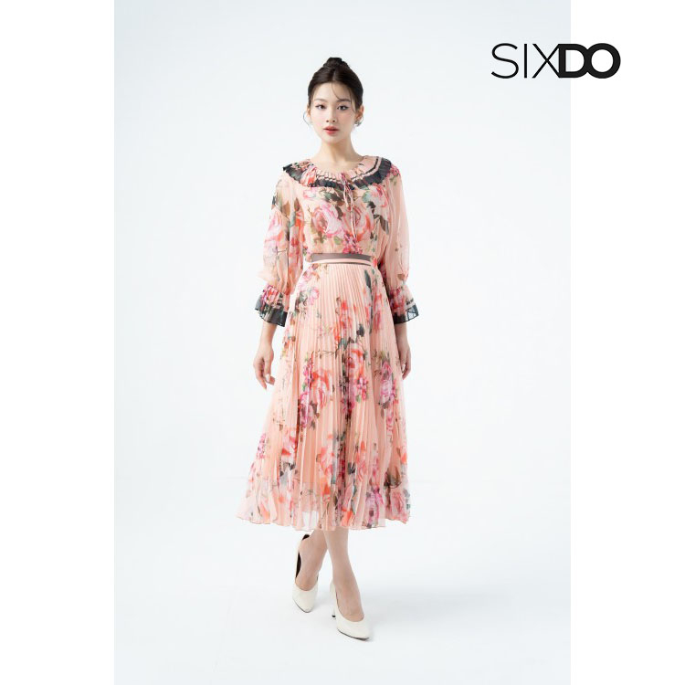 Chân váy hoa xếp ly midi SIXDO (Orangish-pink Rose Pleated Midi Voile Skirt)