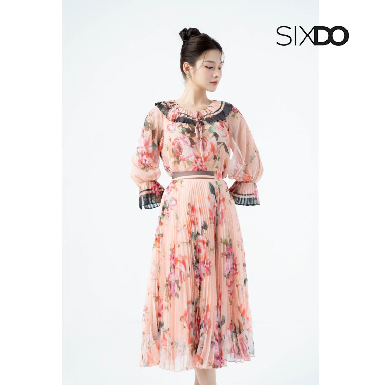 Chân váy hoa xếp ly midi SIXDO (Orangish-pink Rose Pleated Midi Voile Skirt)