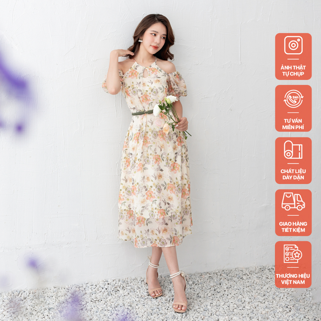 Váy cổ yếm hoa cam be 07.22