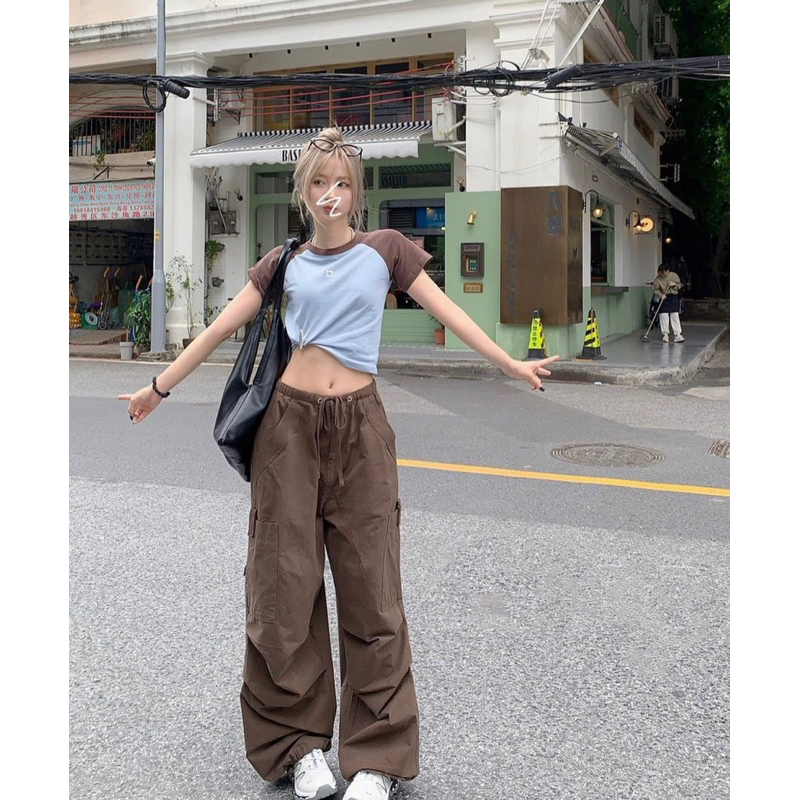 SET ÁO THUN TAY PHỐI MÀU + QUẦN SUÔNG CULOTTES NÂU TÚI HỘP