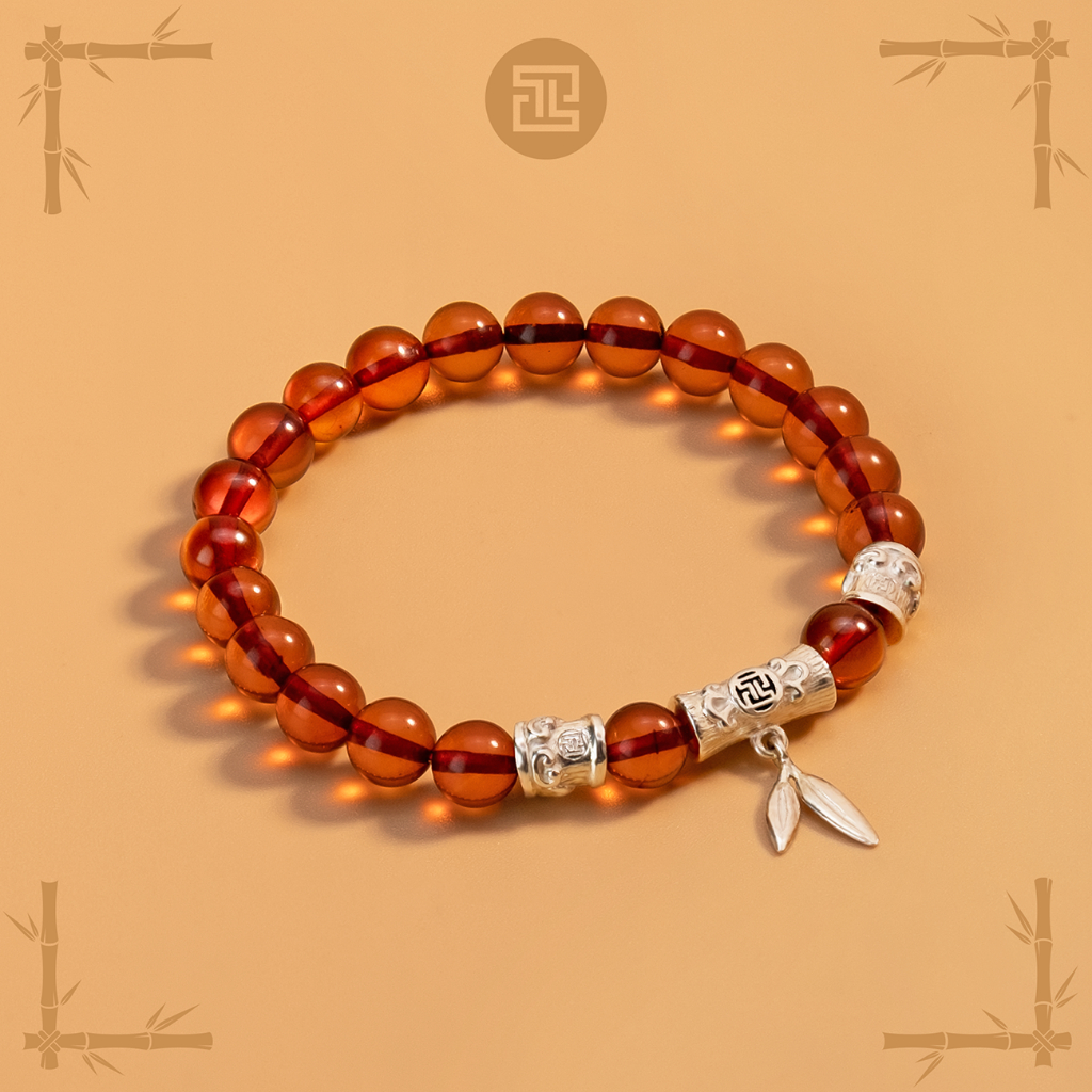 TINH LÂM Vòng Hổ Phách Đỏ 6 Li - Charm Lu Thống Lá Tre Kết Hợp (Limited Edition) + Gift Box Yêu Tre