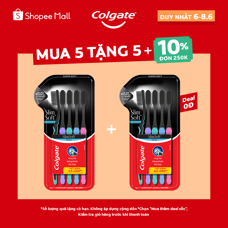 Bộ 5 Bàn chải Colgate SlimSoft Charcoal than hoạt tính kháng khuẩn siêu mềm | BigBuy360 - bigbuy360.vn