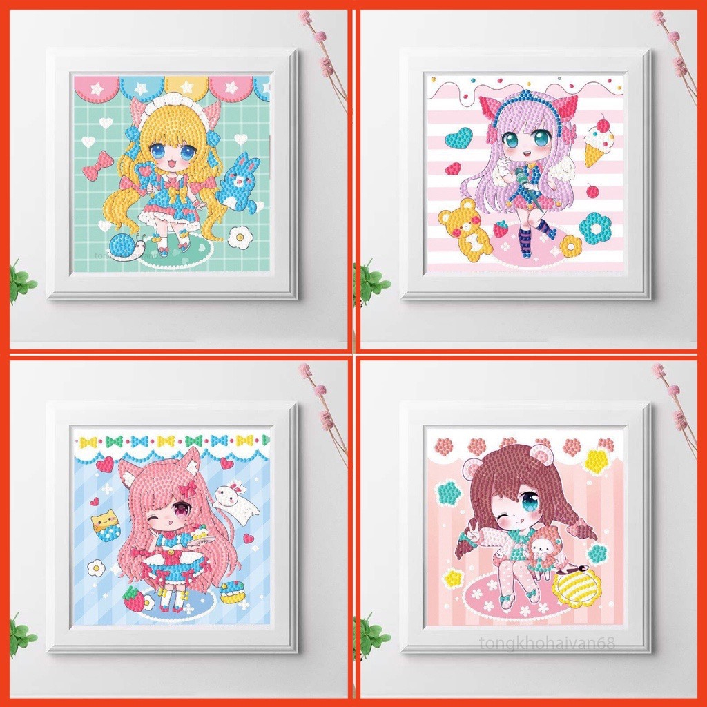 Tranh đính đá hoạ tiết hoạt hình dễ thương độc đáo, tranh đính đá kuromi, melody... khung gỗ 20x20, 18x18