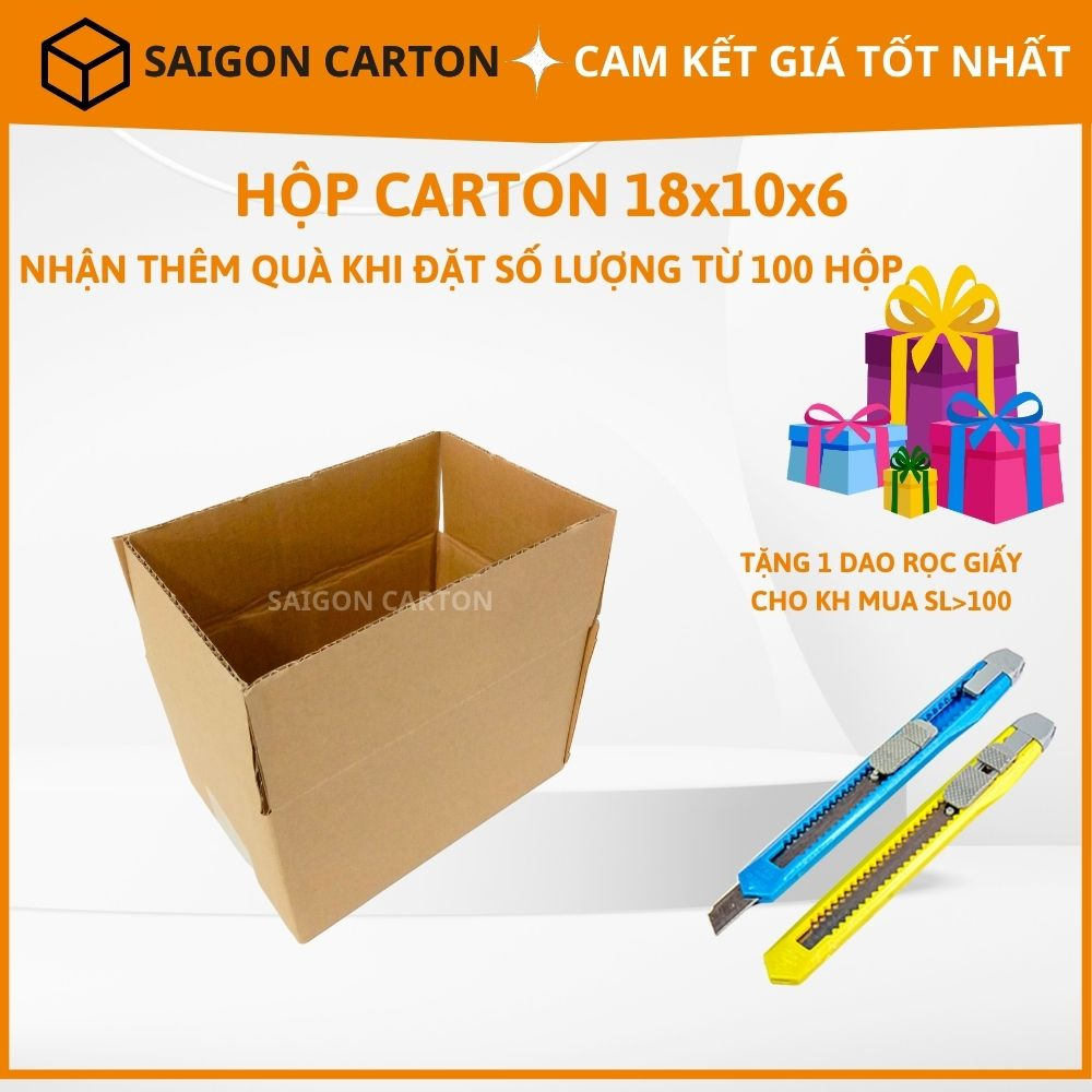 Hộp carton đóng gói hàng cho shop size 18X10X6 cm - Mua 100 tặng 1 dao rọc giấy - sản xuất bởi SÀI GÒN CARTON