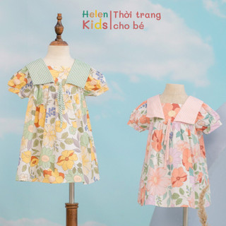Váy cộc tay bé gái helen kids váy babydoll phối cổ kẻ cho bé op5156