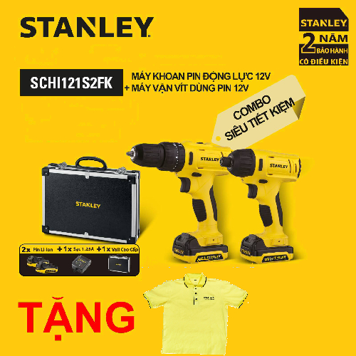 Bộ 2 máy: khoan + vặn vít dùng pin 12V Stanley SCHI121S2FK, Tặng kèm áo thun Stanley chính hãng