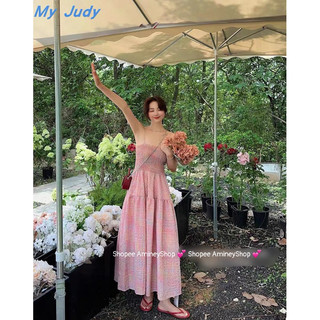 [Sẵn] Váy maxi dáng dài 2 dây kẻ hồng rúm chun , Đầm 2 dây dáng dài ngọt ngào chất thô xốp mát AmineyShop