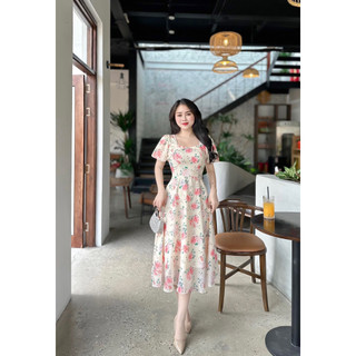 Váy hoa tơ cổ vuông tay bồng