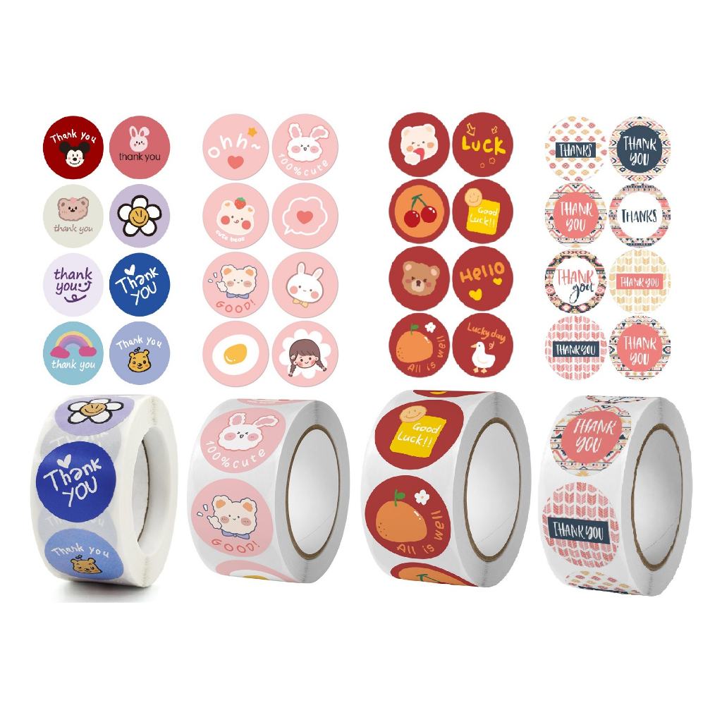 Cuộn 500 sticker thank you, nhãn dãn cảm ơn, tem tròn cảm ơn họa tiết dễ thương đáng yêu