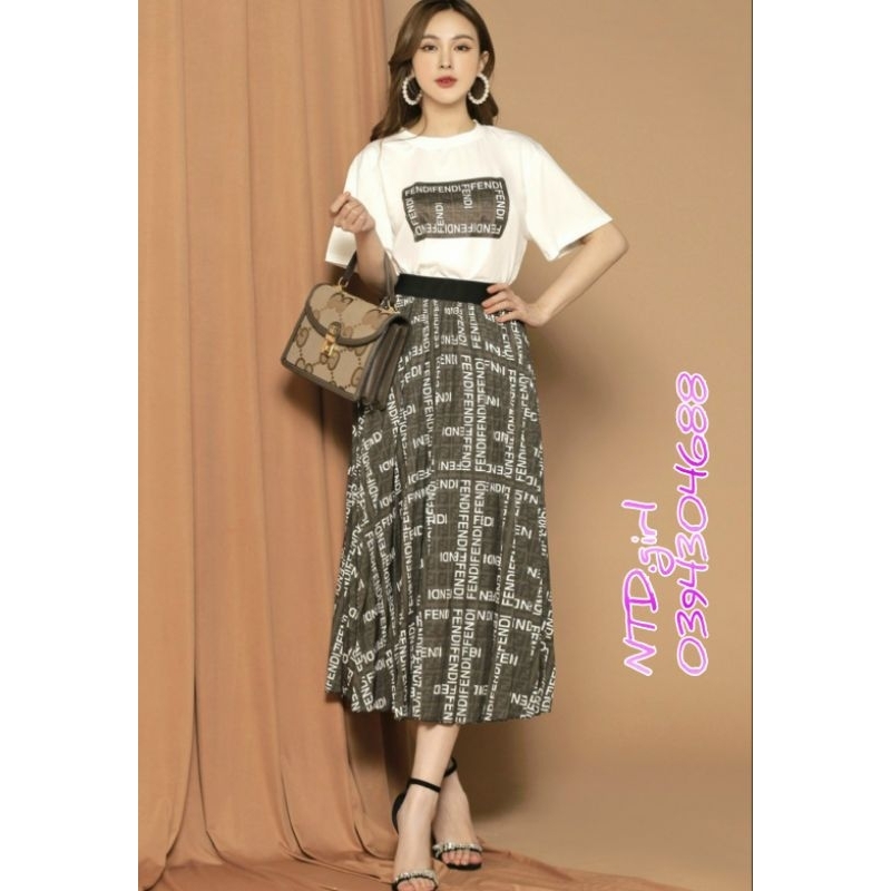 Hàng nhập - Set bộ nữ áo váy thun phối lụa dập li in chữ, sét đồ thời trang dáng xòe tay ngắn sang chảnh