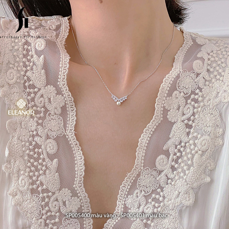 Dây chuyền nữ bạc 925 Eleanor Accessories mặt dáng chữ V đính đá ngọc trai nhân tạo phụ kiện trang sức 5400