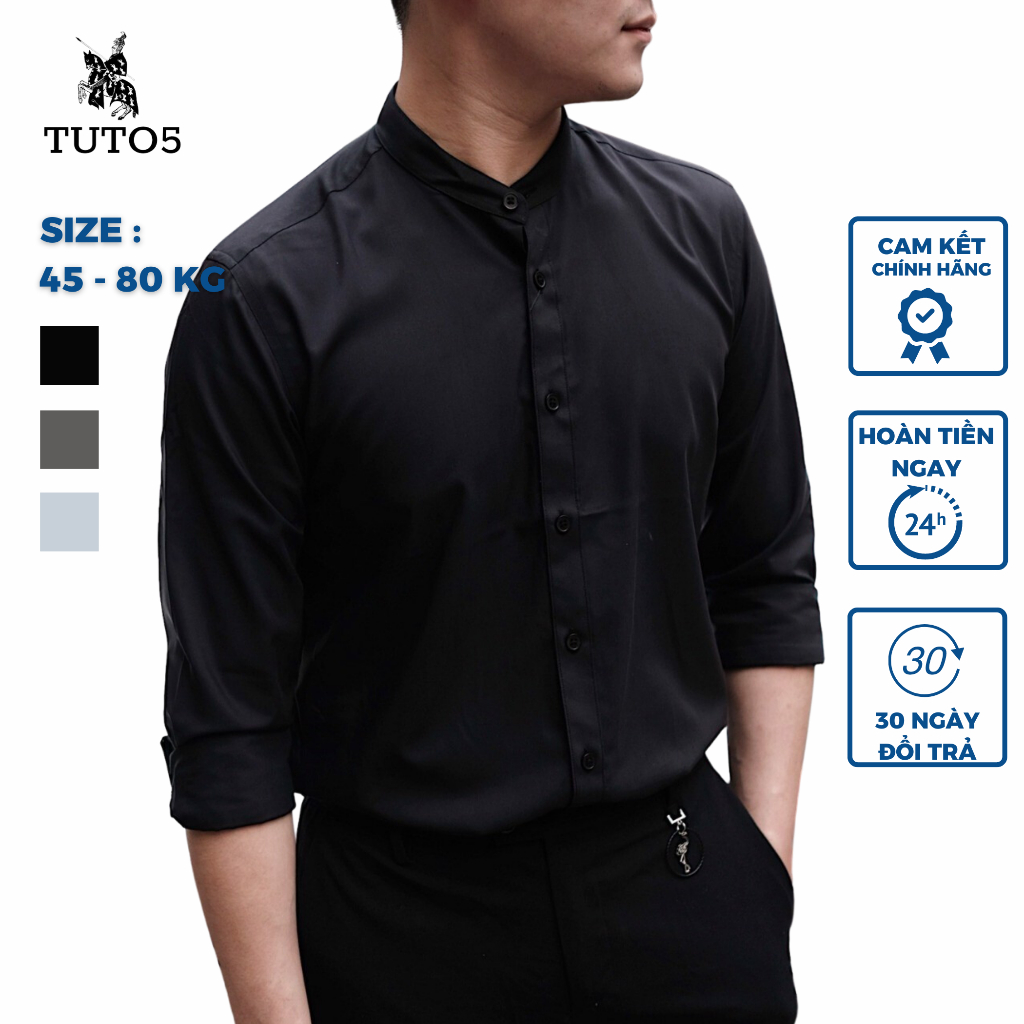 Áo sơ mi cổ tàu nam TUTO5 Menswear dài tay trơn trắng,đen form Slimfit Shirt kiểu dáng Hàn Quốc chất lụa phong cách NH01