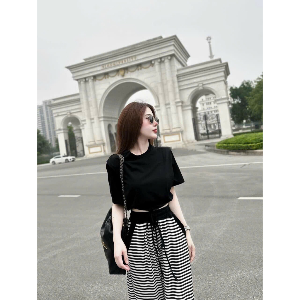 [6.6 Sales Freeship] Set bộ thun basic mặc hè, set áo thun đen trơn croptop rút dây mix quần suông dài kẻ sọc cá tính