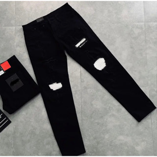 quần bò jean nam dài đen rách vá gối { vá da } mẫu mới,form skinny chất jean co giãn tốt chuẩn vnxk