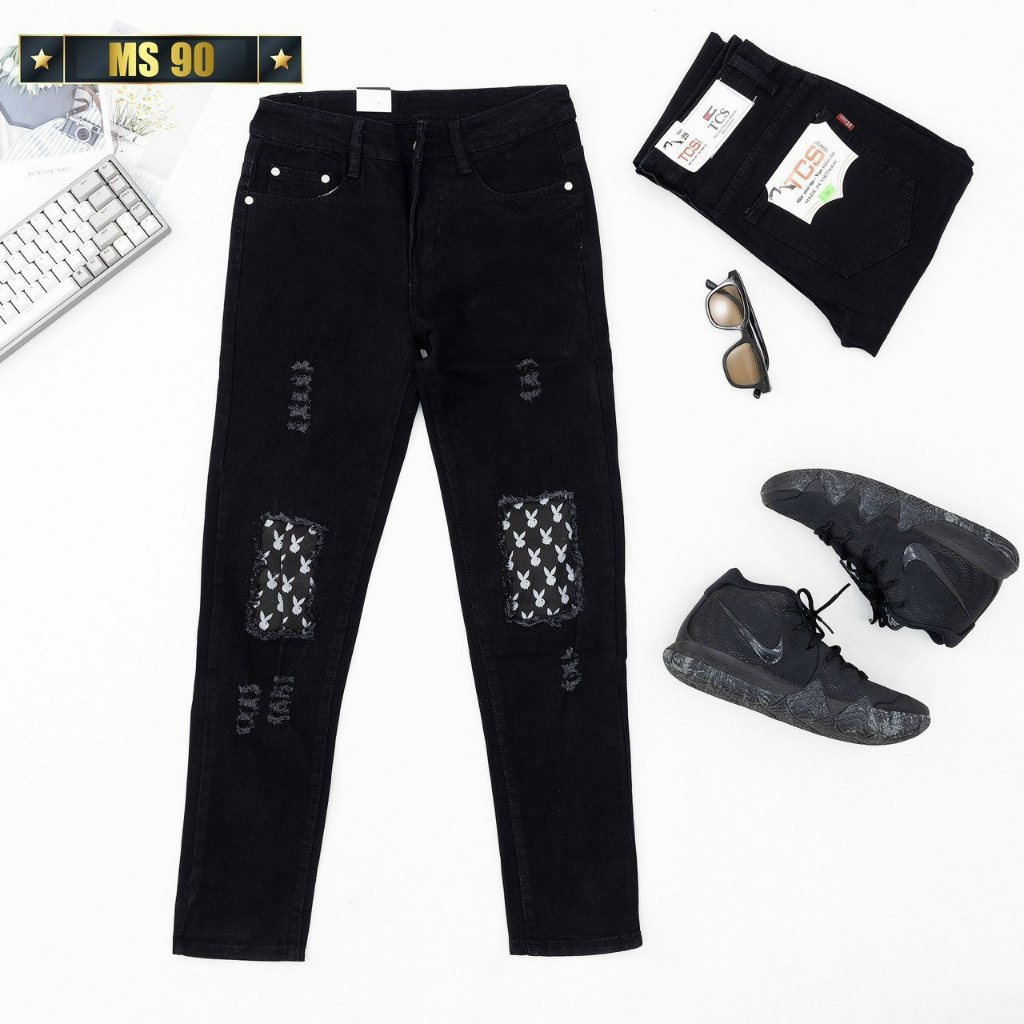 Quần bò jean nam dài đen rách vá gối  mẫu mới,form skinny chất jean co giãn tốt chuẩn vnxk