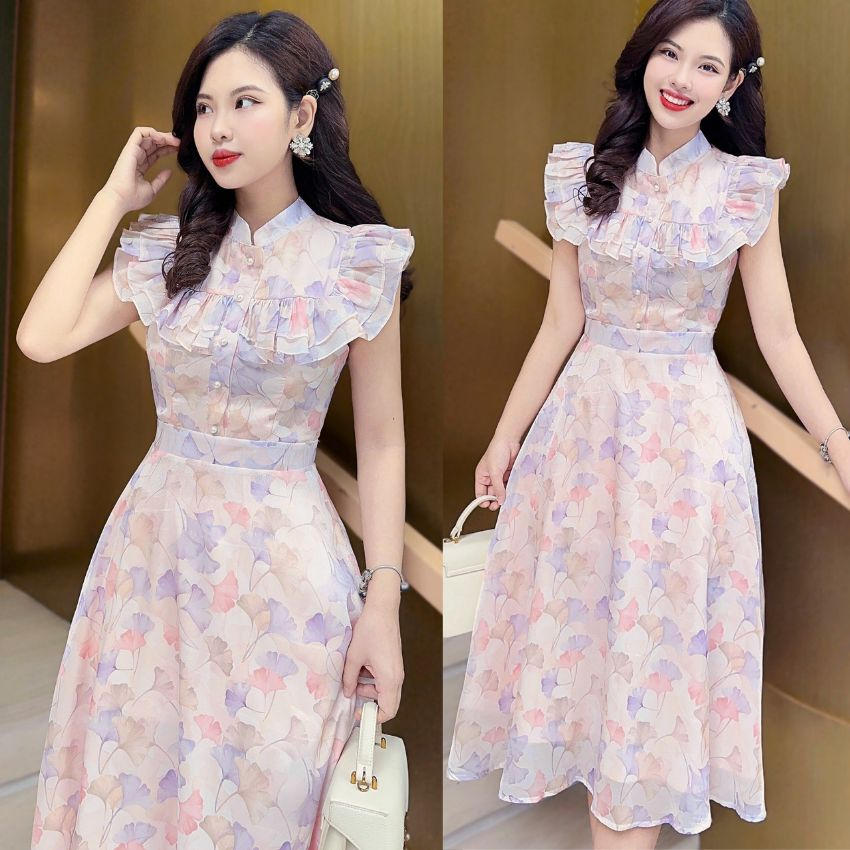 Váy hoa thiết kế cổ tàu tay cánh tiên cực xinh - XU XU SHOP - Đầm voan nữ đi làm, đi chơi nhẹ nhàng tôn dáng - ẢNH THẬT