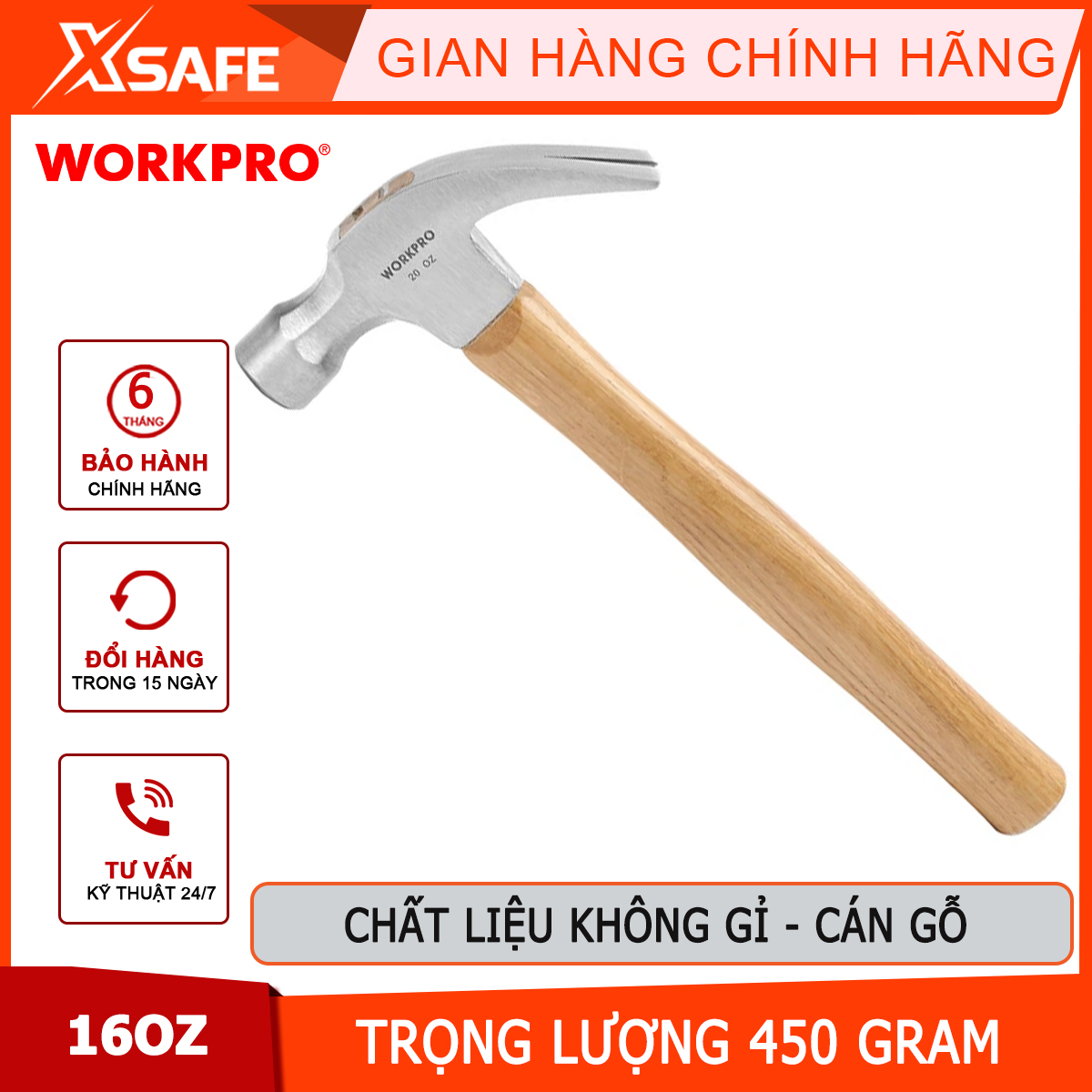 Búa đóng nhổ Workpro - WP241006 450gram (16OZ), cán GỖ nhựa Chính hãng