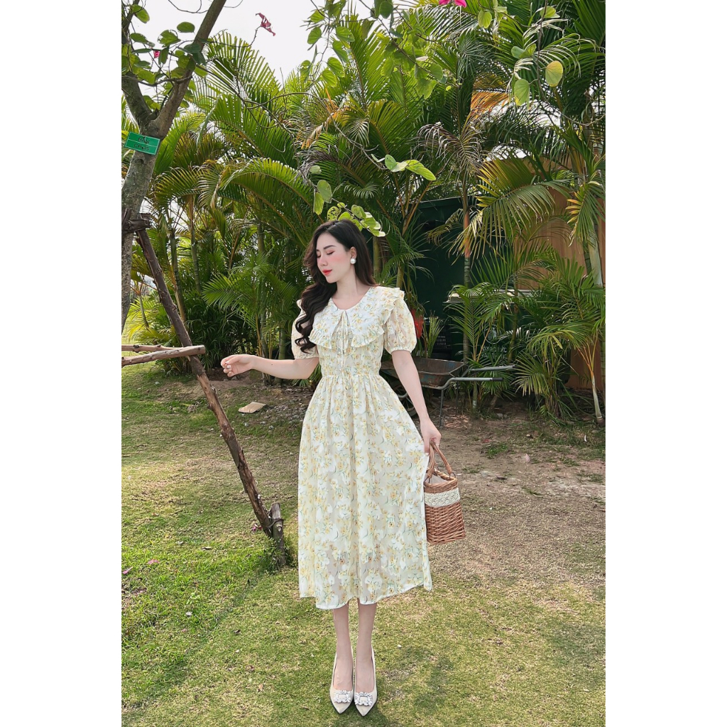 Váy hoa cổ sen viền beo tiểu thư