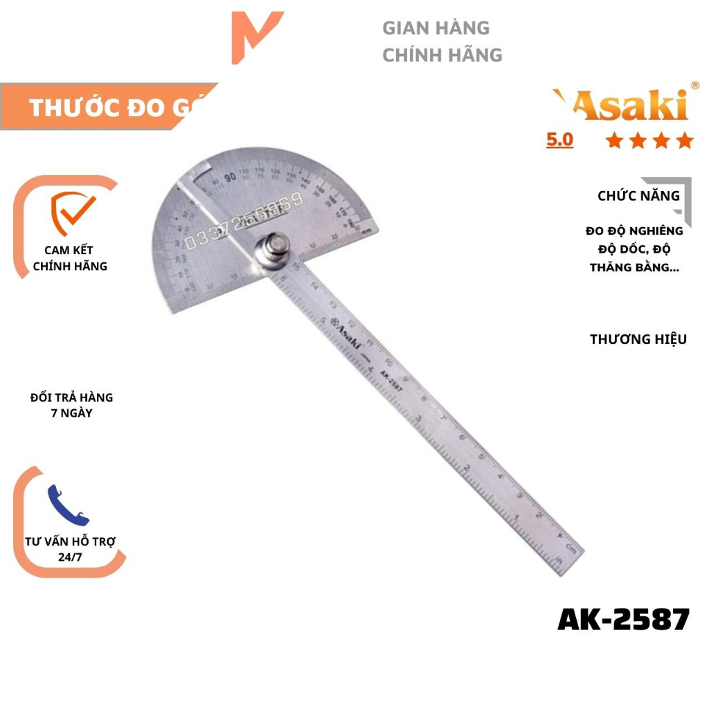 Thước đo góc 9x15cm ASAKI AK-2587 inox cứng đo độ nghiêng của mái, thành đà, đo độ dốc của mặt đường, mặt phẳng nghiêng