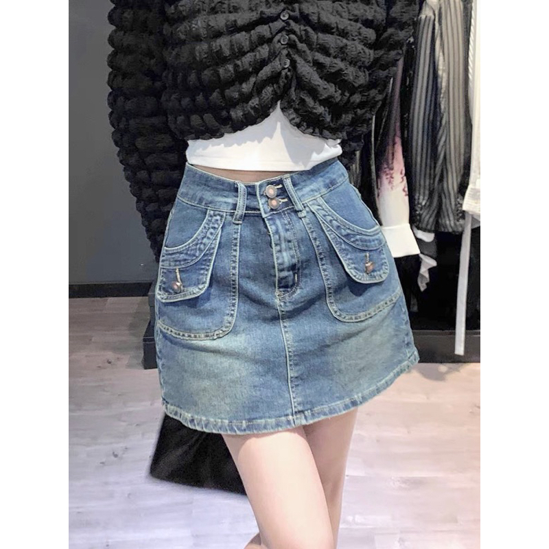 Chân váy jean túi hộp , Chân váy bò ngắn chữ A có lót trong xinh xắn