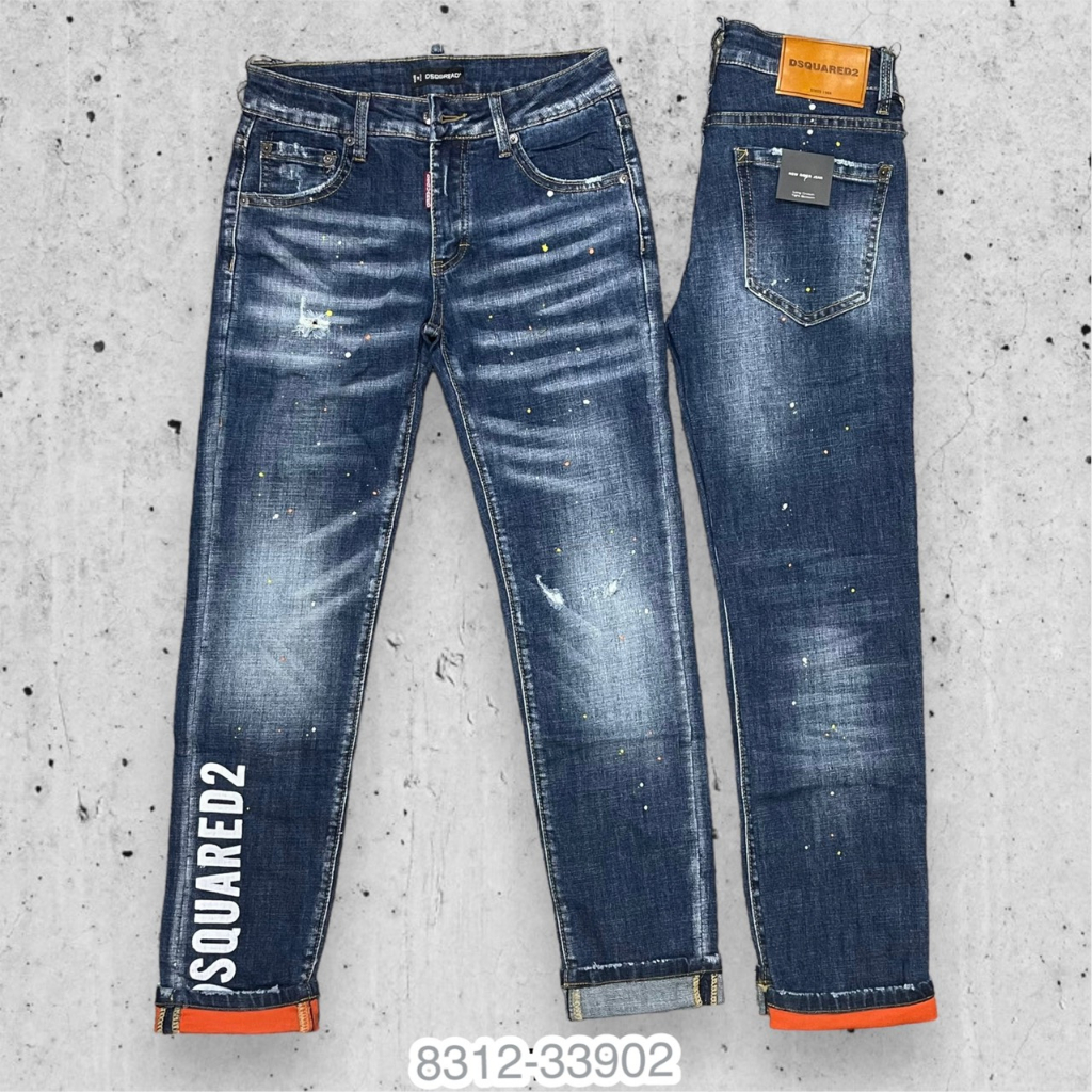 Quần jeans nam xanh đậm rách nhẹ mix chấm sơn cao cấp - Quần bò nam xanh đậm logo đơn giản
