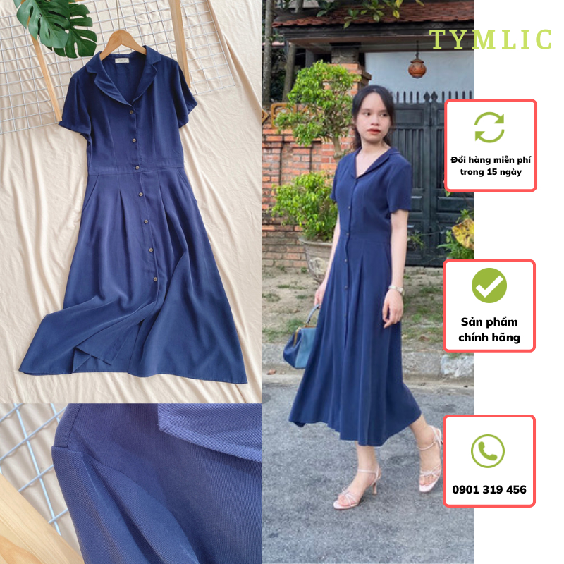 Đầm Midi Tencel Dáng Xòe Nhấn Eo Màu Navy TYMLIC