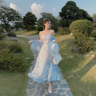 Đầm dự tiệc thời trang nữ chất voan hoa dập ly kèm áo khoác cổ dây không tay dáng váy dài xoè maxi tôn dáng trẻ trung