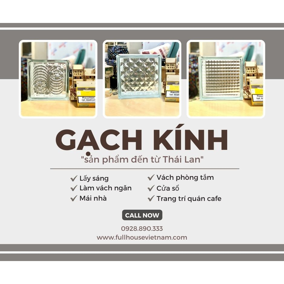 Gạch kính lấy sáng Thái Lan giá tốt 190x190x80mm dùng làm vách ngăn lấy sáng, tường xuyên sáng, cách âm, cách nhiệt